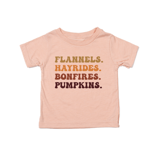 Flannels, Hayrides, Bonfires, Pumpkins - Kids Tee (Peach)