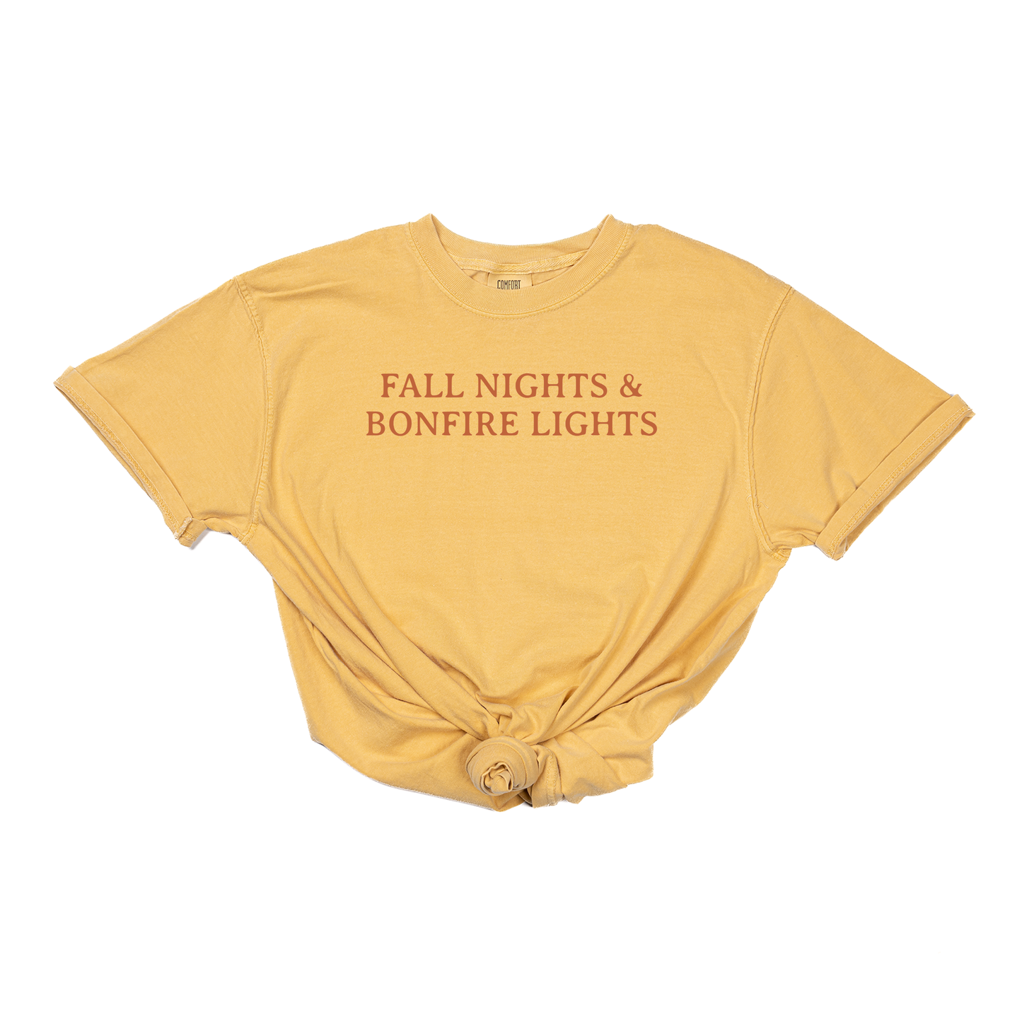 Fall Nights & Bonfire Lights (Rust) - Tee (Vintage Mustard, Short Sleeve)