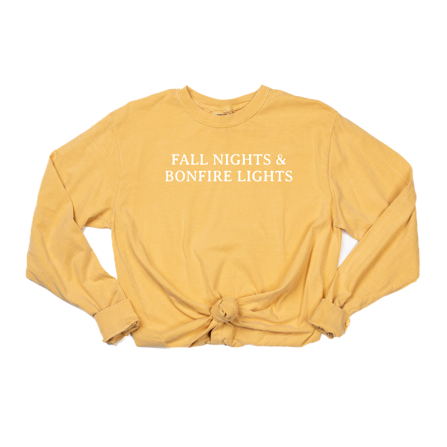 Fall Nights & Bonfire Lights (White) - Tee (Vintage Mustard, Long Sleeve)