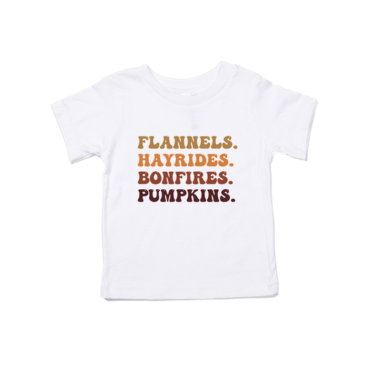 Flannels, Hayrides, Bonfires, Pumpkins - Kids Tee (White)