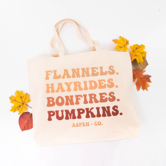 Flannels, Hayrides, Bonfires, Pumpkins - Tote (Natural)