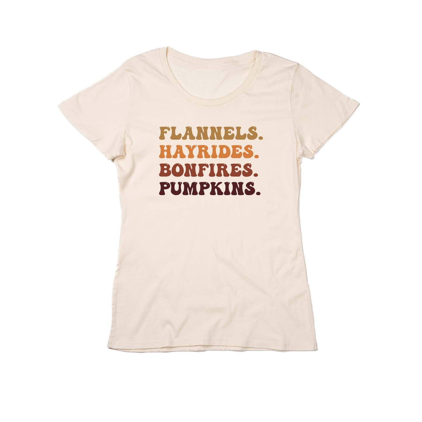 Flannels, Hayrides, Bonfires, Pumpkins - Women's Fitted Tee (Natural)