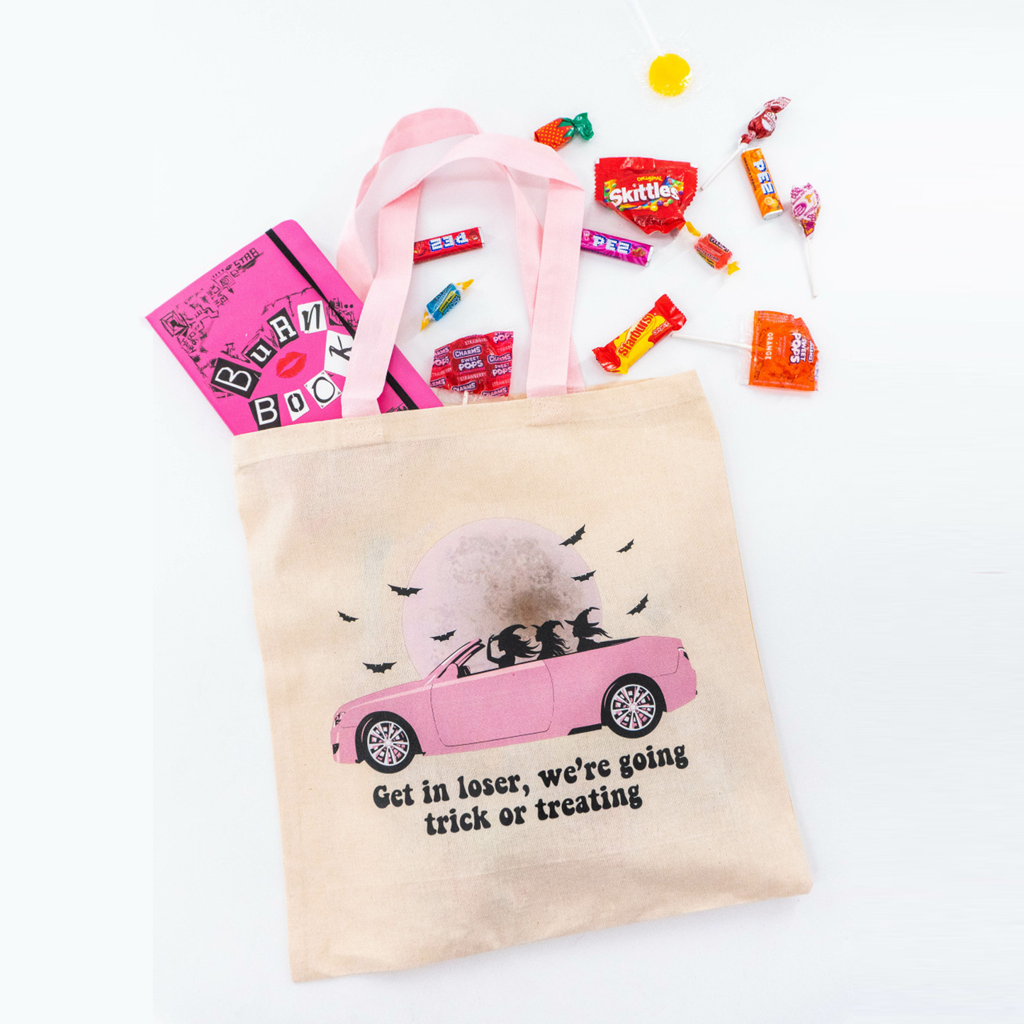 Get in Loser, We're Going Trick or Treating (Black) - Trick-or-Treat Bag (Natural/Pink Handle)