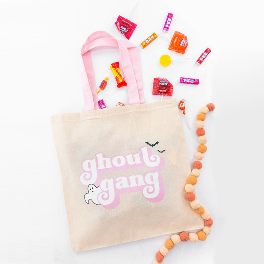 Ghoul Gang (Pink) - Trick-or-Treat Bag (Natural/Pink Handle)
