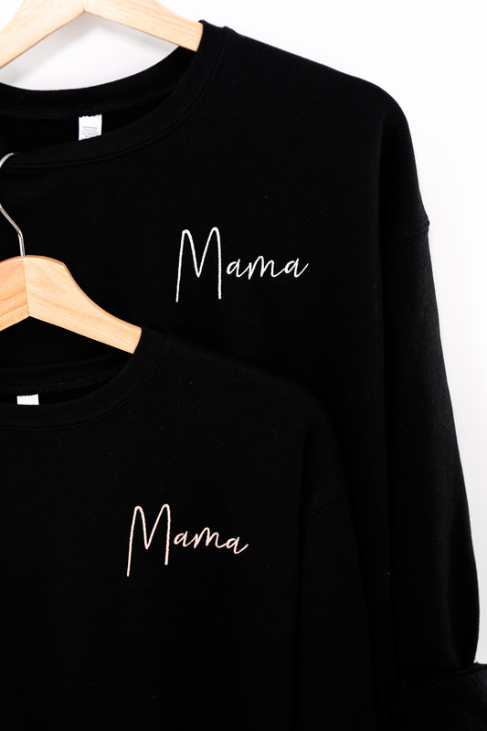 Mama (Brook Script, White) - Embroidered Sweatshirt (Black)