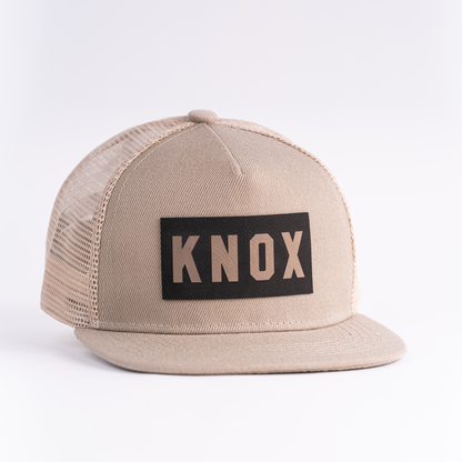 KNOX (Leather Custom Name Patch) - Kids Trucker Hat (Khaki)
