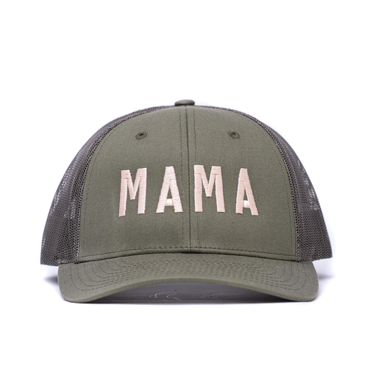 MAMA (Peach, Rough) - Trucker Hat (Olive)