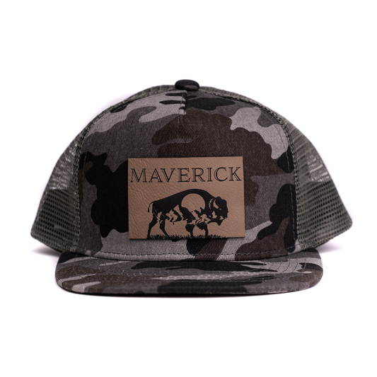 MAVERICK (Leather Buffalo Custom Name) - Kids Trucker Hat (Charcoal Camo)
