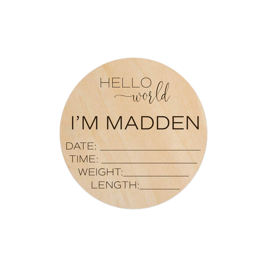 Madden - Wooden Birth Announcement Stats (Custom Name) - 6" Wooden Disc