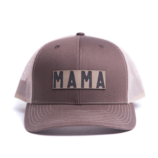 Mama (Rough, Leather Patch) - Trucker Hat (Brown/Tan)