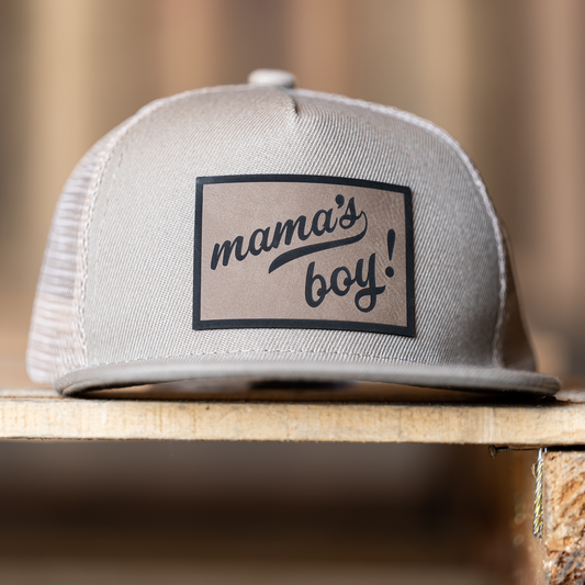 Mama's Boy (Leather Patch) - Kids Trucker Hat (Khaki)