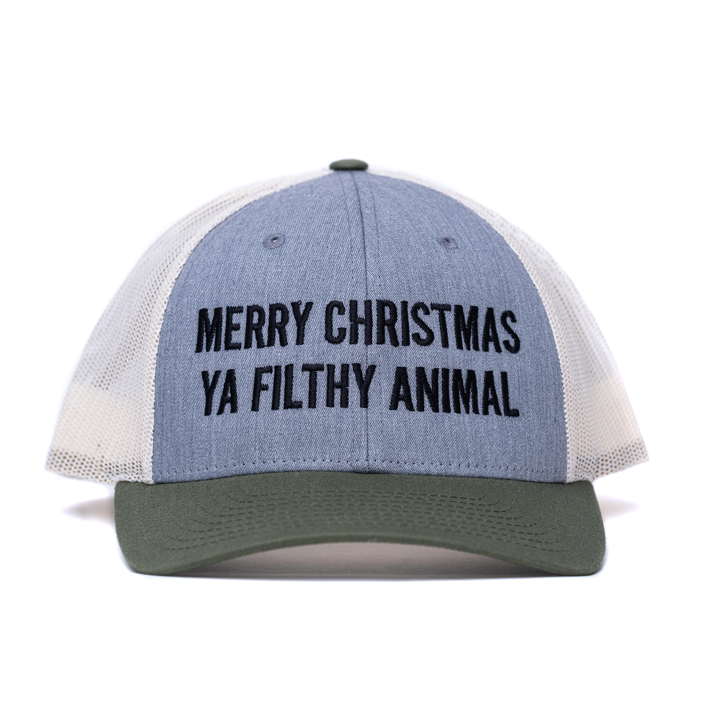 Merry Christmas Ya Filthy Animal (Black) - Trucker Hat (Birch/Gray/Army)