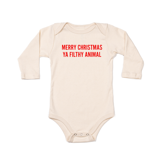 Merry Christmas Ya Filthy Animal  (Version 1, Red) - Bodysuit (Natural, Long Sleeve)