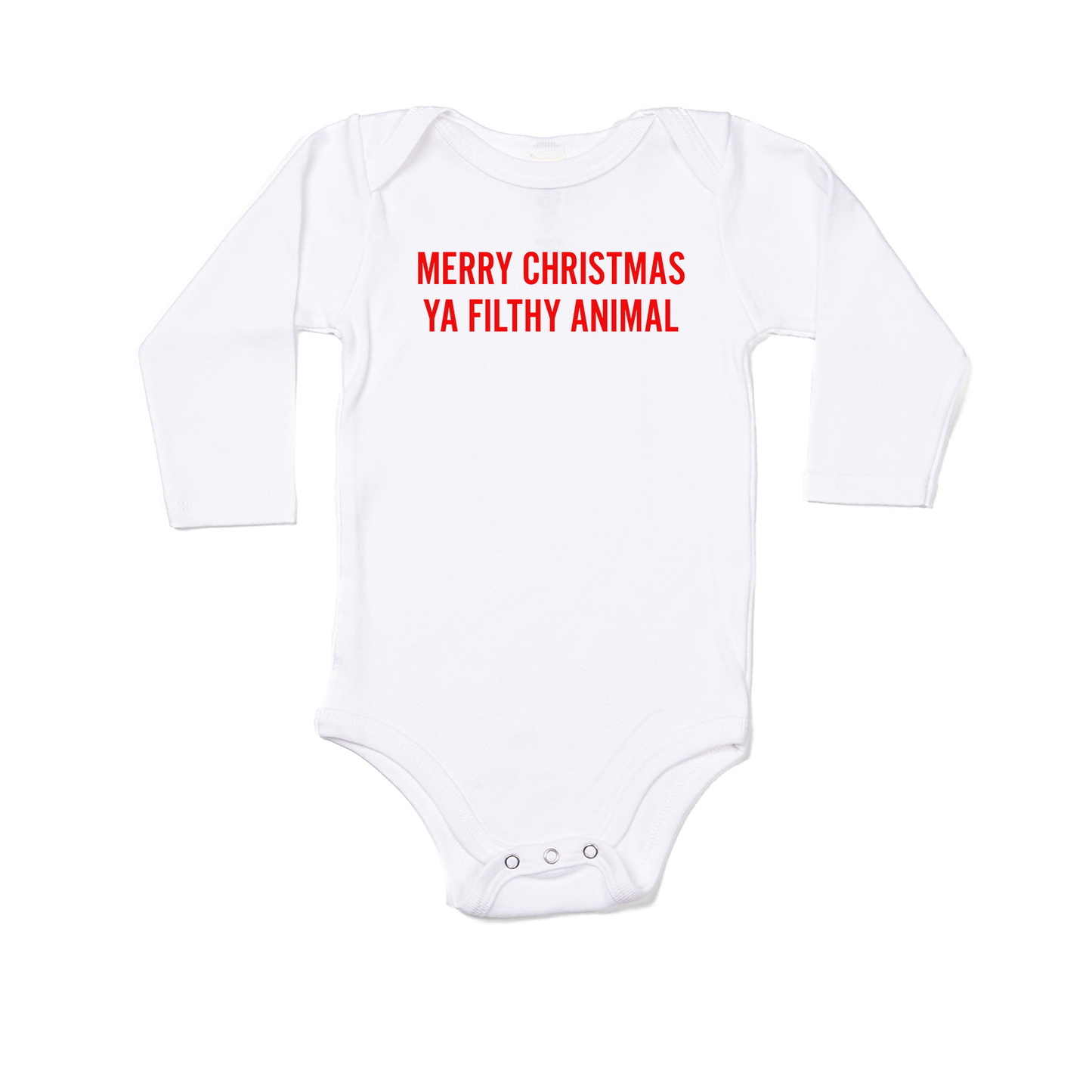 Merry Christmas Ya Filthy Animal  (Version 1, Red) - Bodysuit (White, Long Sleeve)