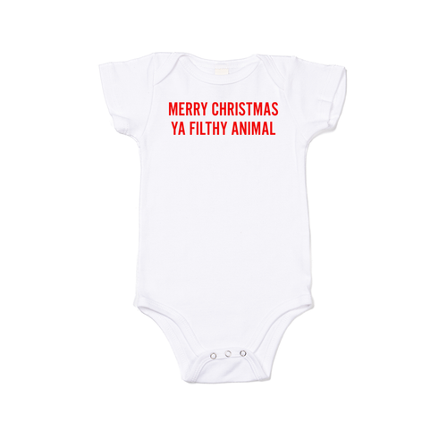 Merry Christmas Ya Filthy Animal  (Version 1, Red) - Bodysuit (White, Short Sleeve)