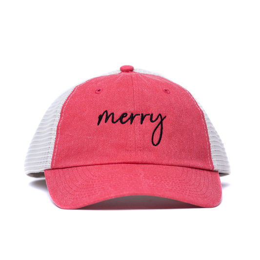Merry (Black, Thin Cursive) - Baseball Hat (Vintage Red/Stone)