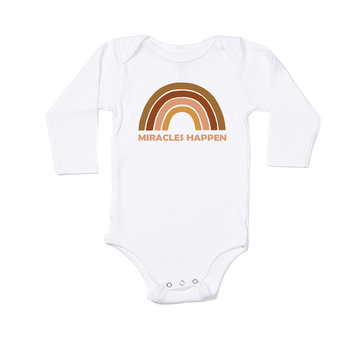 Miracles Happen Rainbow Baby ⋒ (Peach) - Bodysuit (White, Long Sleeve)