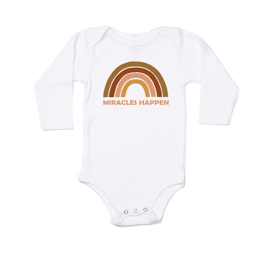 Miracles Happen Rainbow Baby ⋒ (Peach) - Bodysuit (White, Long Sleeve)