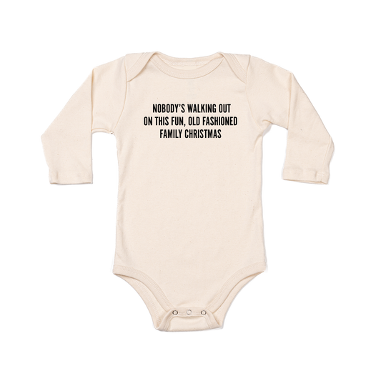 Nobody's walking out on this fun old fashioned family Christmas (Black) - Bodysuit (Natural, Long Sleeve)