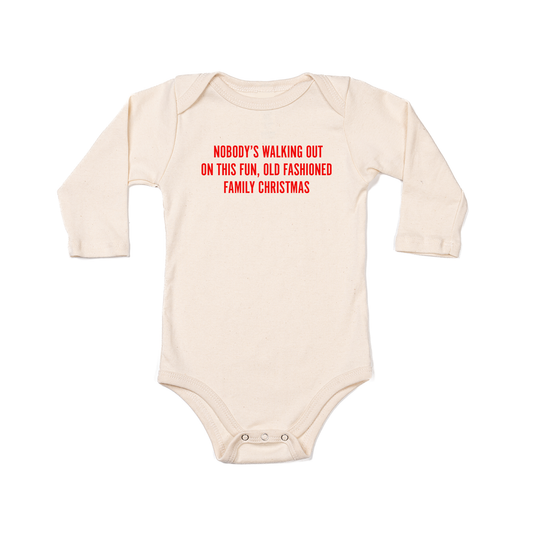 Nobody's walking out on this fun old fashioned family Christmas (Red) - Bodysuit (Natural, Long Sleeve)