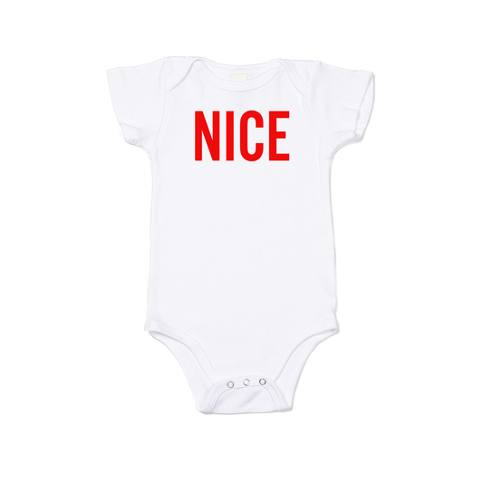 Nice (Version 2, Red) - Bodysuit (White, Short Sleeve)