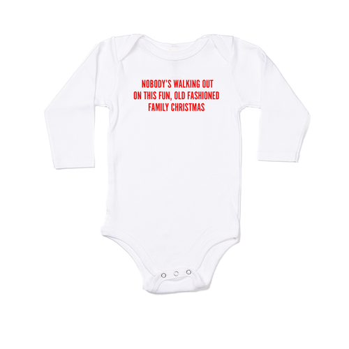 Nobody's walking out on this fun old fashioned family Christmas (Red) - Bodysuit (White, Long Sleeve)