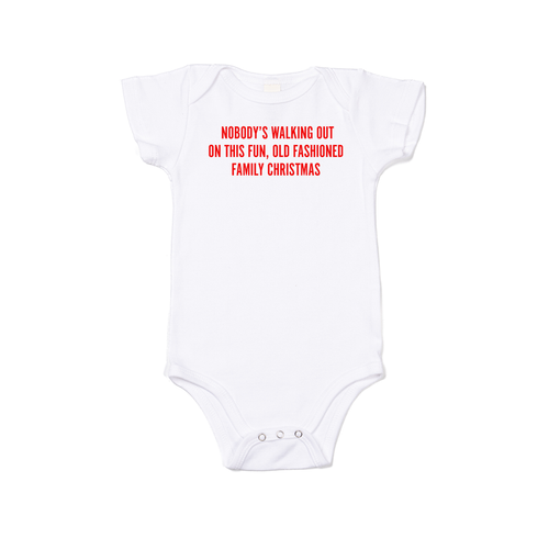 Nobody's walking out on this fun old fashioned family Christmas (Red) - Bodysuit (White, Short Sleeve)