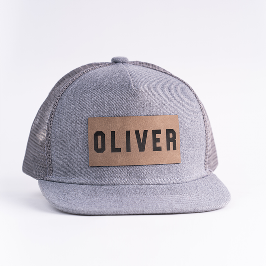 OLIVER (Leather Custom Name Patch) - Kids Trucker Hat (Heather Gray)