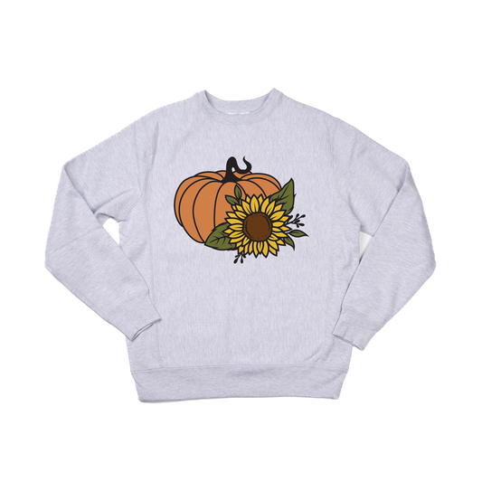 Pumpkin Sunflower (Across Front) - Heavyweight Sweatshirt (Heather Gray)