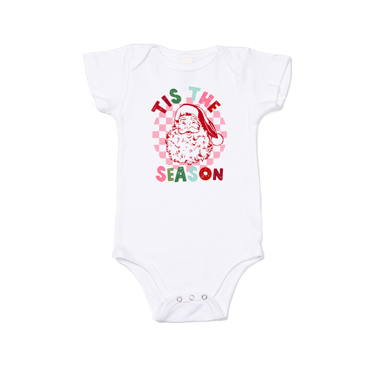 Retro Santa Tis the Season (Checkered) - Bodysuit (White, Short Sleeve)