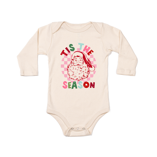 Retro Santa Tis the Season (Checkered) - Bodysuit (Natural, Long Sleeve)