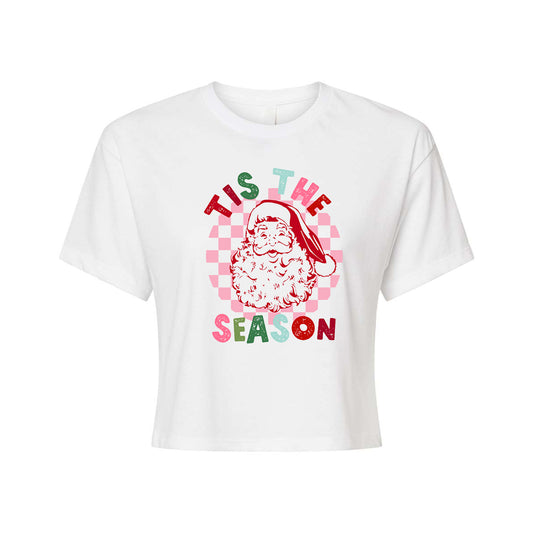 Retro Santa Tis the Season (Checkered) - Cropped Tee (White)
