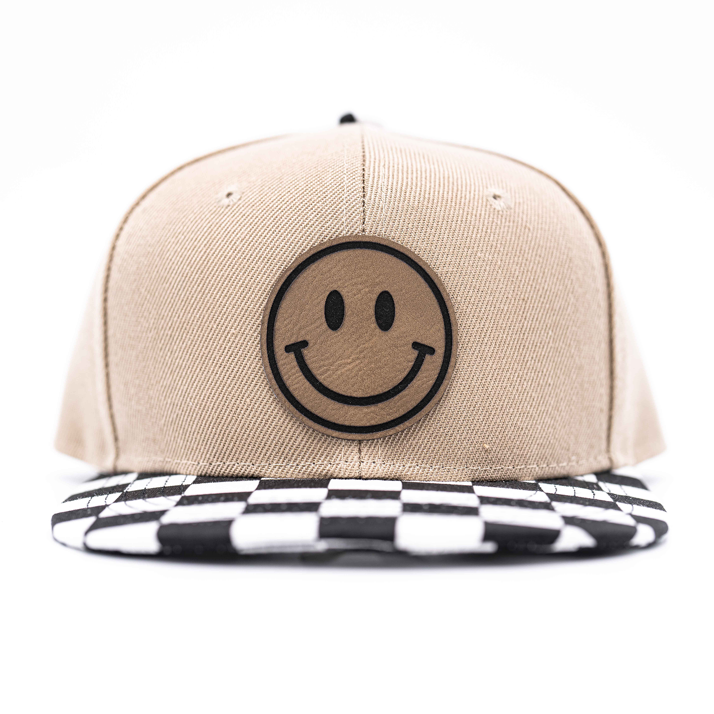 Smiley (Leather Patch) - Kids Trucker Hat (Khaki/Checkered)
