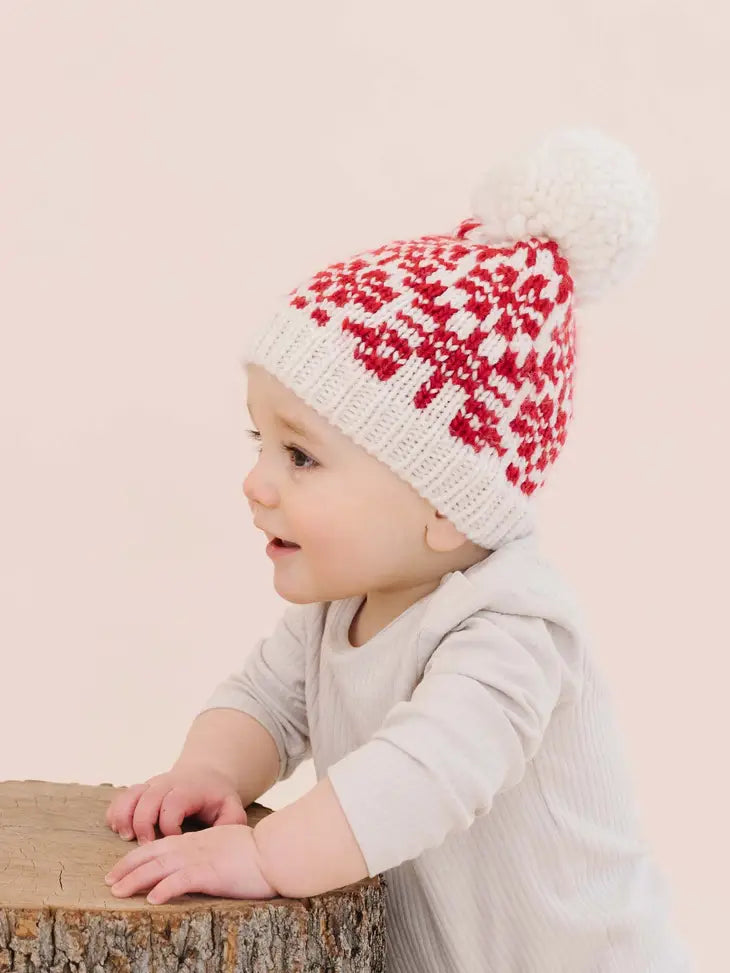 Snowflake Hand Knit Hat - Red