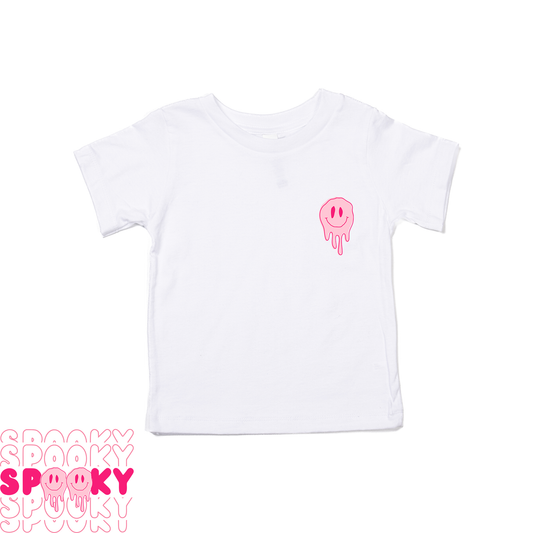 Spooky Smiley Hot Pink (Pocket and Back Print) - Kids Tee (White)