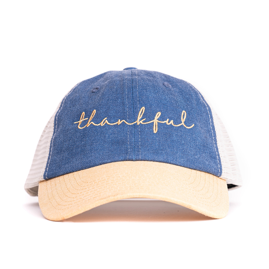 Thankful (Gold, Cursive) - Baseball Hat (Denim/Mustard/Stone)
