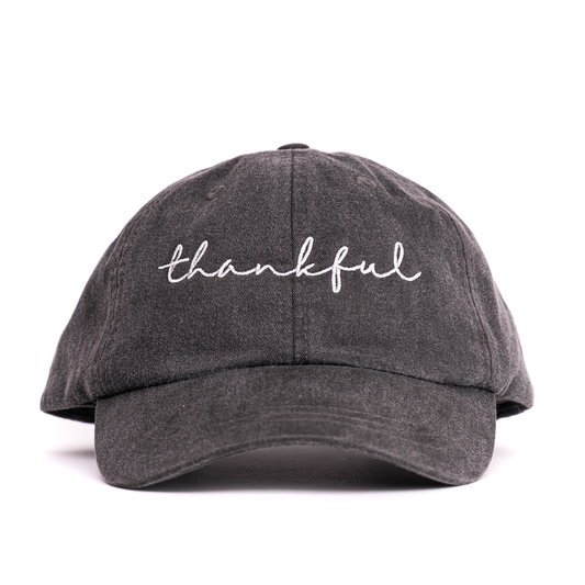 Thankful (White, Cursive) - Baseball Hat (Charcoal)